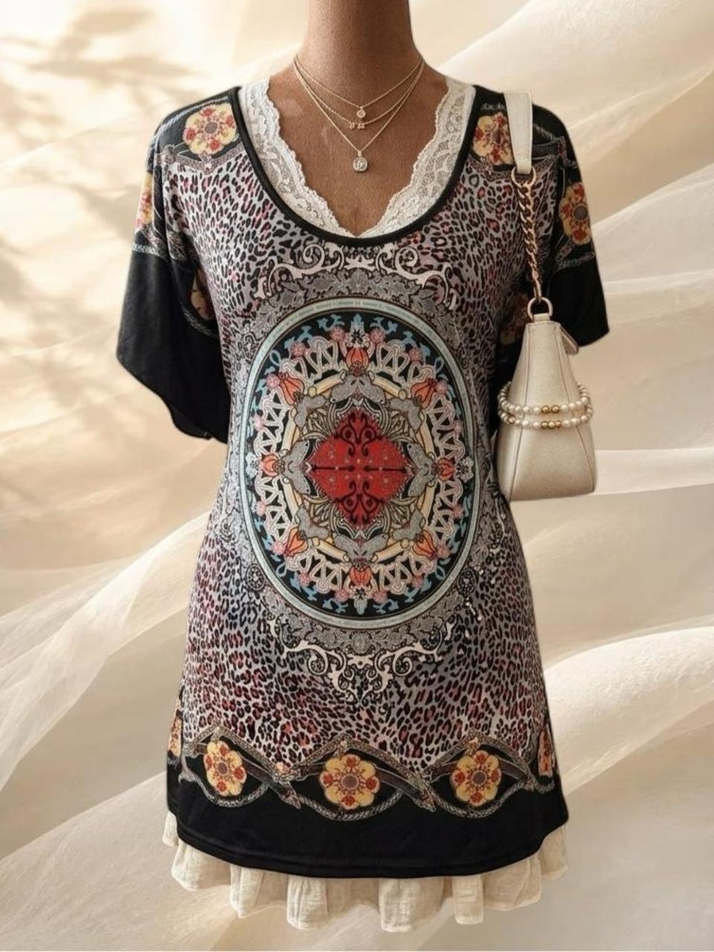 Y2K Boho Mandala Leopard Print Tunic Top Artsy Blouse L